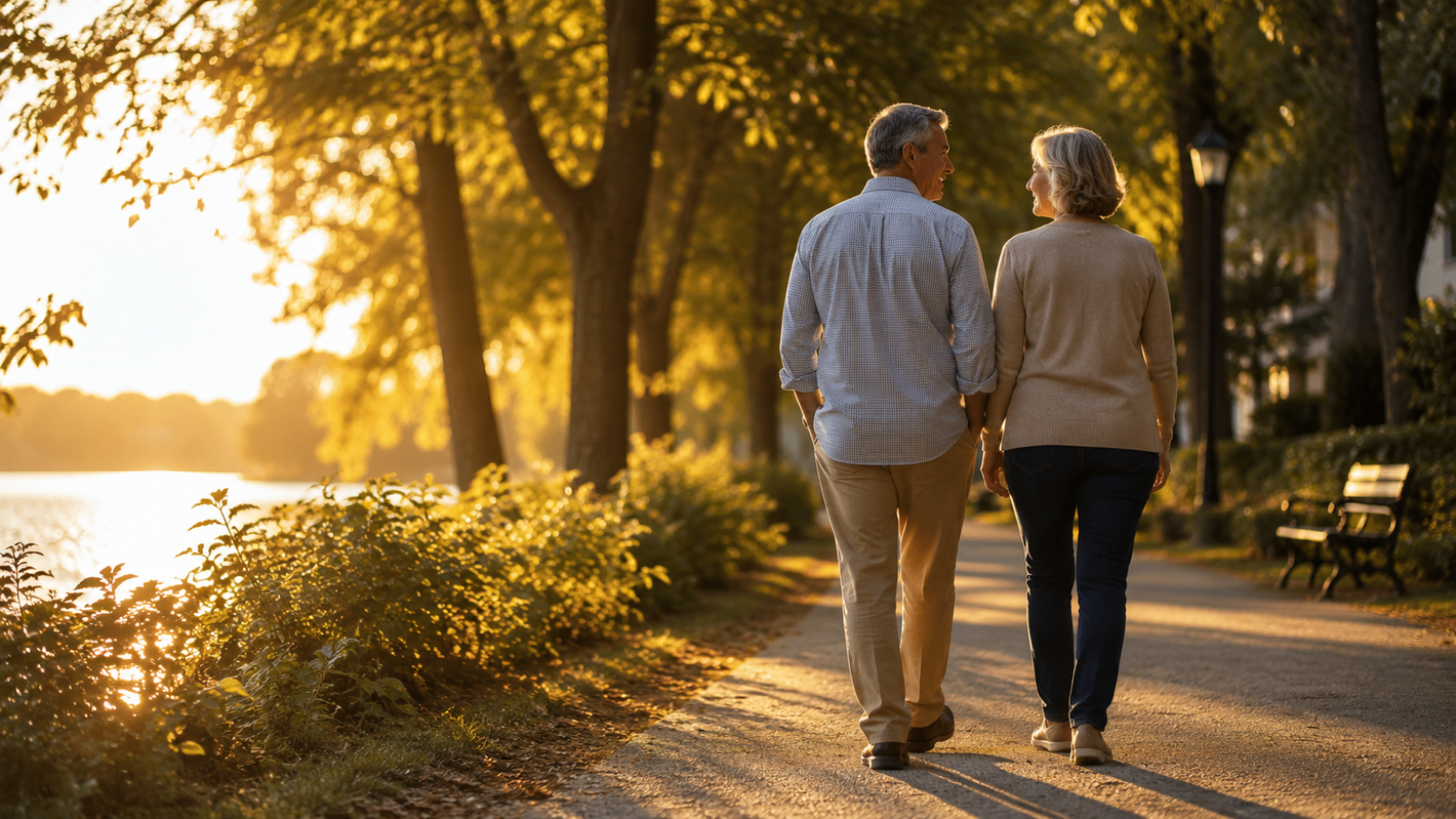 Golden hour stroll by the water